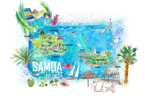 Carte de voyage illustrée de l'île de Samoa avec routes et points forts
