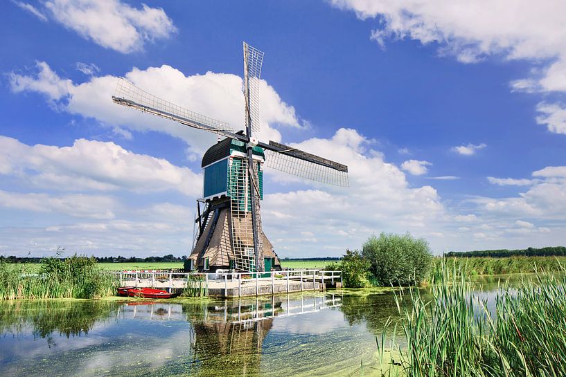 Charakteristisch holländische Windmühle in der Nähe von Kanal mit üppiger Vegetation 1 von Tony Vingerhoets