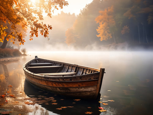 the old boat on a misty lake