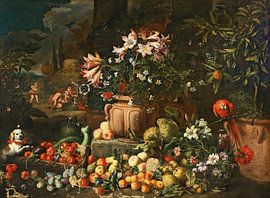 Still life of flowers with fruits, putti and animals, Abraham Brueghel