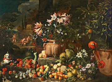 Stilleven van bloemen met vruchten, putti en dieren, Abraham Brueghel