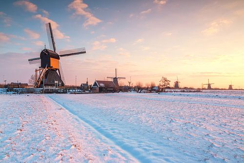 Winterse zonsopkomst bij de molens van Kinderdijk