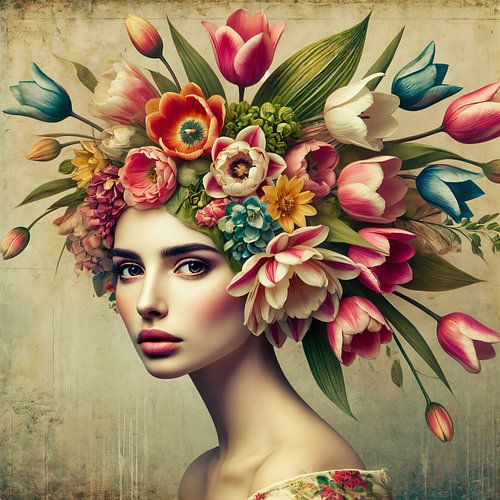 Tulpenpracht – Elegante Vrouw in Bloemenmagie