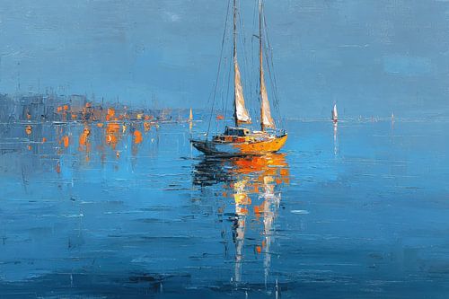 Zeilboot bij nacht - olieverfschilderij met stadsverlichting