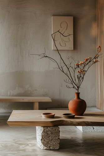 Stilleven in betonnen interieur omgeving met rode vaas