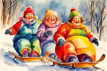 3 sociable ladies are sledding by De gezellige Dames