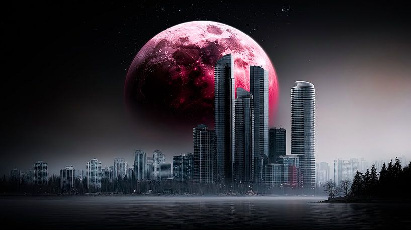 Roter Mond über der stillen Metropole von Klaus Tesching - Art-AI