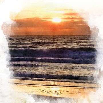 Zonsondergang aan de Zeeuwse kust, Aquarelbeeld van Danny de Klerk
