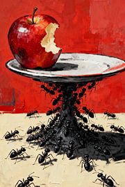 “Apple Worship” – Abstract Art of an Apple Swarmed by Black Ants | A Satirical Reflection on FOMO and Brand Obsession by ia creativa