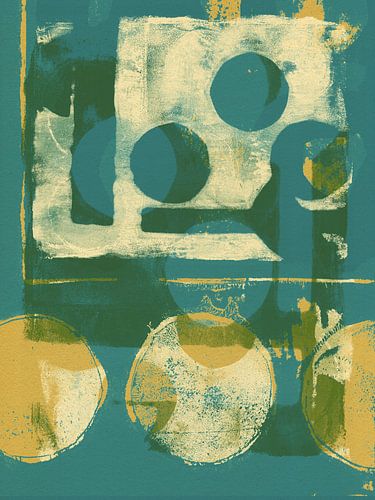 Formes abstraites dans les tons sarcelle et jaune.