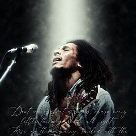 Bob Marley Porträt mit Text "drei kleine Vögel"