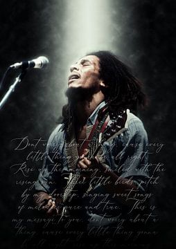 Portrait de Bob Marley avec les paroles "three little birds&quot ; sur Bert Hooijer