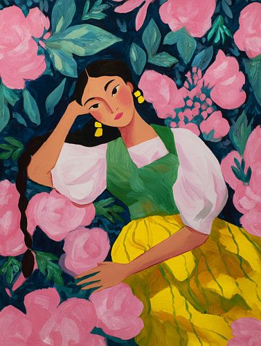 Portrait rêveur parmi les fleurs roses