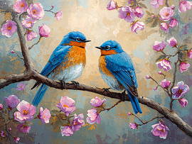 Deux merles bleus parmi les fleurs de cerisier sur Joseph S Giacalone Photography