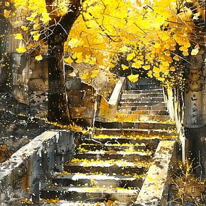 automne ginkgo arbre escalier nature lumière ombre contraste