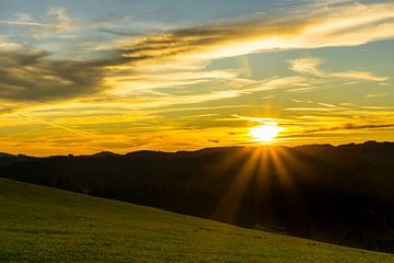 Duitsland, Oranje zonnestralen van warme zonsondergang licht over natuur in zwart bos van adventure-photos