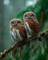 2 brown owls on a branch