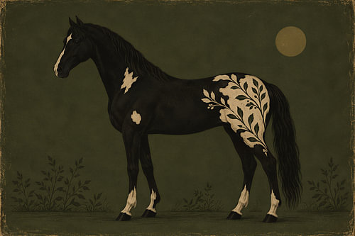Black horse on dark green