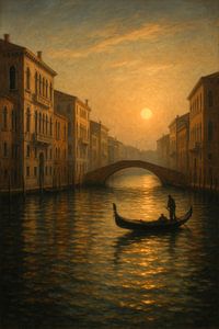 Venezianischer Kanal in der Abenddämmerung: Gondel im goldenen Nebel