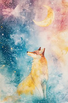 Wolf in Pastelhemel onder Sikkelmaan van Eva Lee