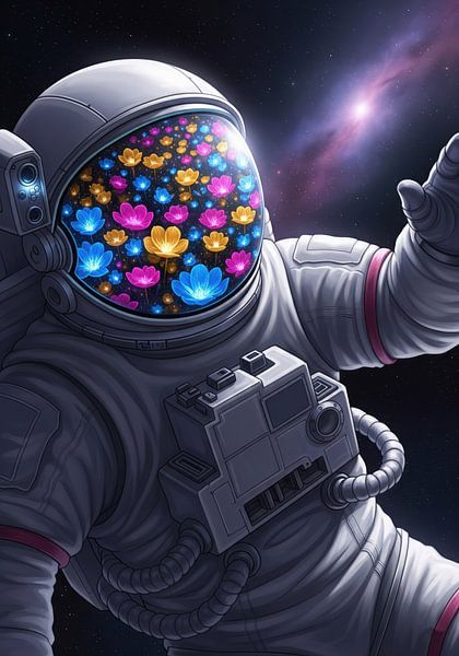 Astronaut mit im Visier reflektierten Blumen im Weltraum von Markus Gann