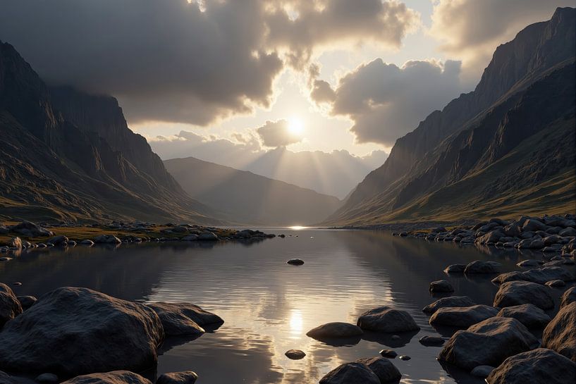 Zonsondergang over bergmeer en rotsen van Markus Gann