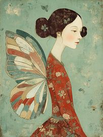 Dreamy portrait of a woman with butterfly wings in red floral design and soft pastel background by But First Framing