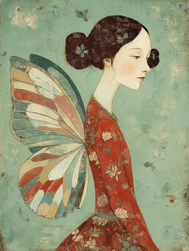 Portrait rêveur d'une femme avec des ailes de papillon dans un décor floral rouge sur fond pastel.