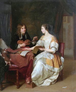 Een elegant echtpaar maakt muziek in een interieur, Jan Verkolje van Meesterlijcke Meesters