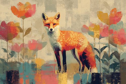 Schattige vos in het tulpenveld