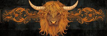 Highland Koe Portret - Stoere Wanddecoratie Panorama van Digitale Schilderijen