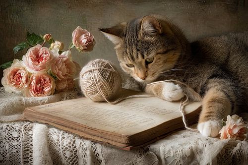 Romantisch stilleven met kat, boeken en bloemen