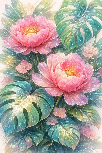 Doorschijnende pioenroos Monstera Botanical Glow