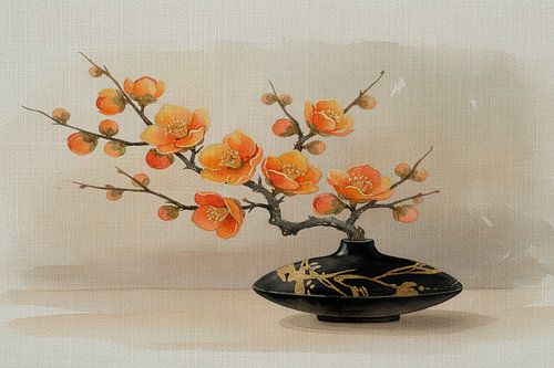 Japandi Art.  Bloesem Stilleven in Ikebana stijl