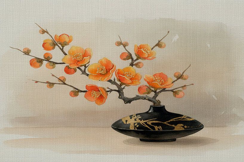 Japandisches Stilleben: Zweig mit Dattelpflaumenblüte in Vase von Studio Pieternel