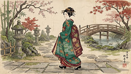 Herbstliche Eleganz: Eine Geisha schlendert durch einen zeitlosen japanischen Garten von my pixel art