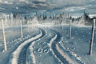besneeuwd landschap met weg en baan van Besa Art thumbnail