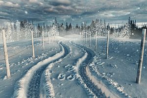 snowy landscape with road and lane by Besa Art