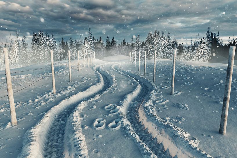 besneeuwd landschap met weg en baan van Besa Art