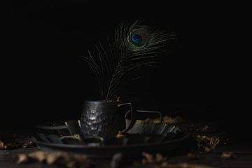 Nature morte sombre avec une plume de paon sur Steven Dijkshoorn