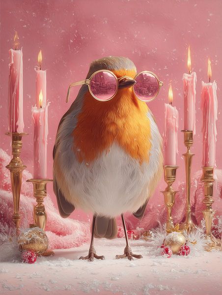 Rotkehlchen | Rotkehlchen mit rosa Brille von ARTEO Gemälde