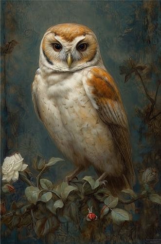 Portrait d'une chouette effraie avec des fleurs