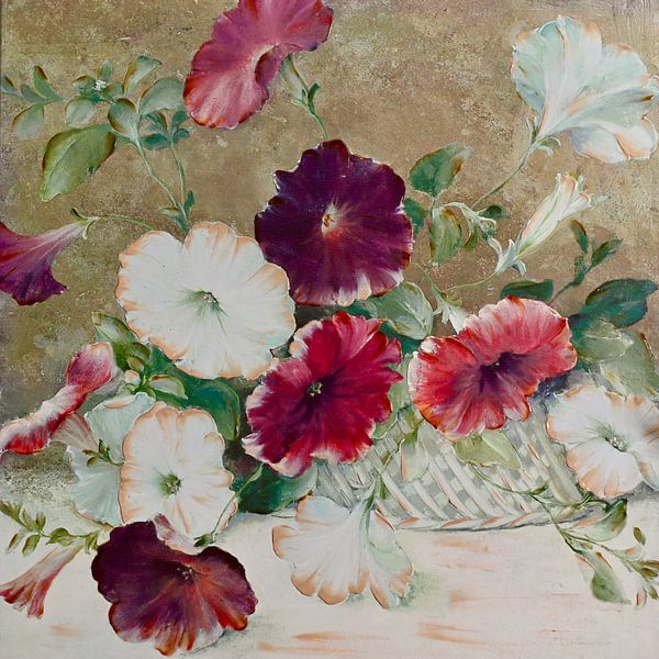 Petunias in basket by Peter van Rijn