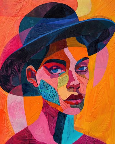 Buntes abstraktes Frauenporträt mit Hut