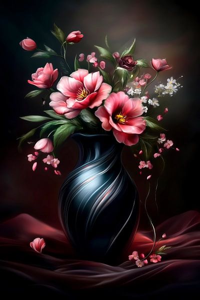 Mystische Blumenpracht I Feurige Leidenschaft I Schwarze Vase mit rosa Blumen von Astrid Melein