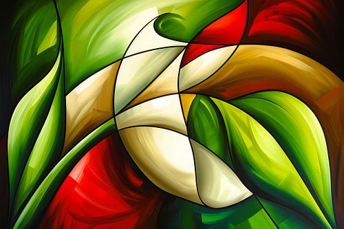 Abstracte kleurrijke roos en bladeren schilderij