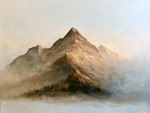 Berggipfel im Morgennebel – Stimmungsvolles, modernes Landschaftsgemälde