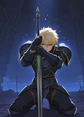 Un guerrier tenant son épée au clair de lune