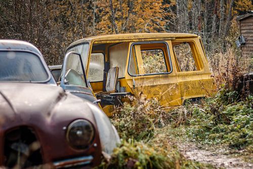 Roestige erfenissen in het bos - autokerkhof in Zweden