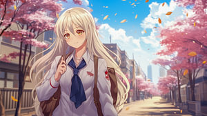 Ein japanisches Anime Highschool-Mädchen mit langen weißen Haaren und blauen Augen, mit blühenden Kirschblüten im Frühling